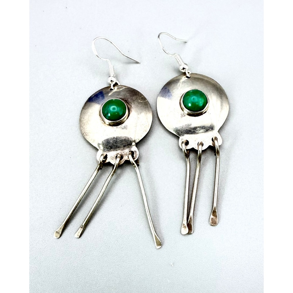 Vintage Mexico Alpaca Silver Green Stone Long Dangle Earrings Tribal Boho